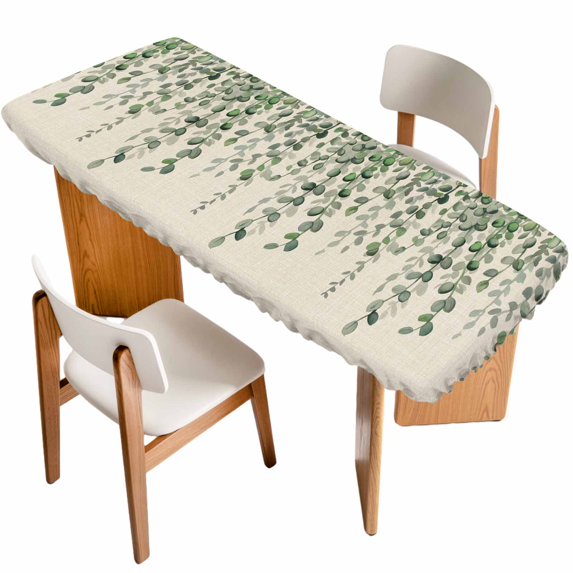 Green Eucalyptus Leaves Table Cloths for 8 Foot Rectangle Tables, Summer Botanical Weeping Rustic Patio Waterproof Elastic Fitted Tablecloths, Washable Rectangular Table Cover for Camping