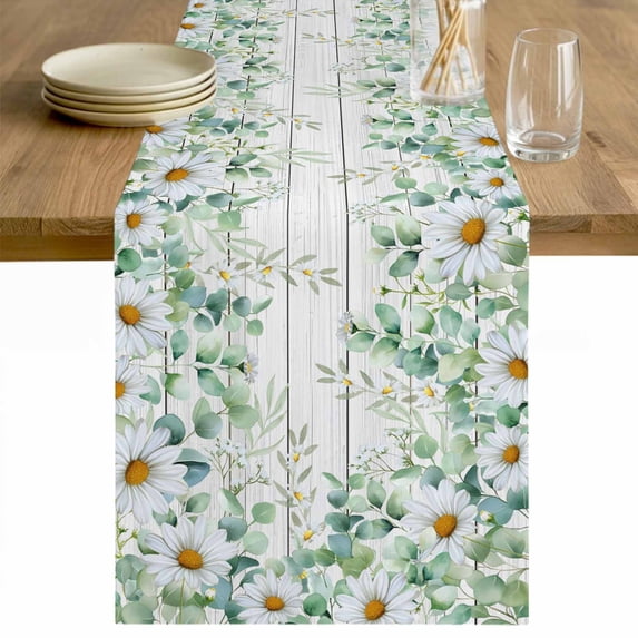Green Eucalyptus Leaves Table Runner - 108 Inch Long Daisy Floral Summer Botanical Wooden Cotton and Linen Blended Dress Scarves Farmhouse Table Runner for Kitchen Dining, Coffee Table, 13" x 108"