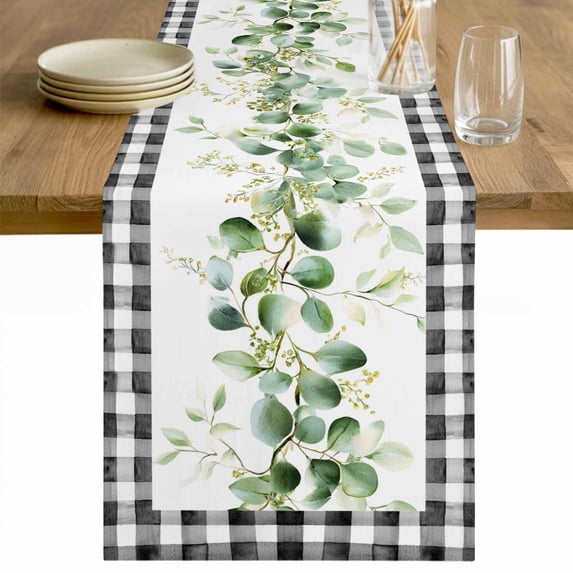 Green Eucalyptus Leaves Table Runner - 108 Inch Long Modern Art Farmhouse Plaid Cotton and Linen Blended Dress Scarves Farmhouse Table Runner for Kitchen Dining, Coffee Table, 13" x 108"
