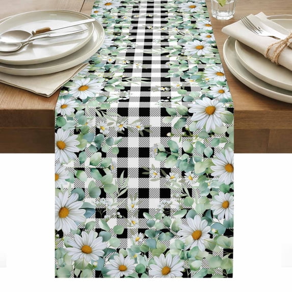 Green Eucalyptus Leaves Table Runner - 120 Inch Long, Kitchen Dining Table Runner Dresser Scarves, Daisy Floral Farmhouse Decor for Coffee Tables Wedding Party Banquet