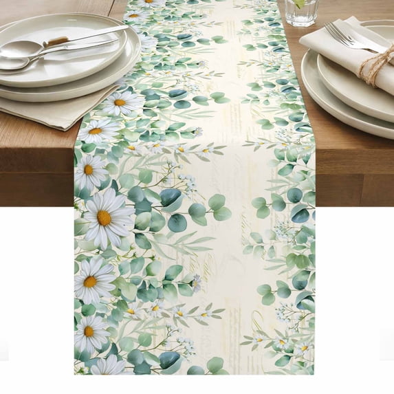 Green Eucalyptus Leaves Table Runner - 120 Inch Long, Kitchen Dining Table Runner Dresser Scarves, Daisy Summer Botanical Farmhouse Farmhouse Decor for Coffee Tables Wedding Party Banquet
