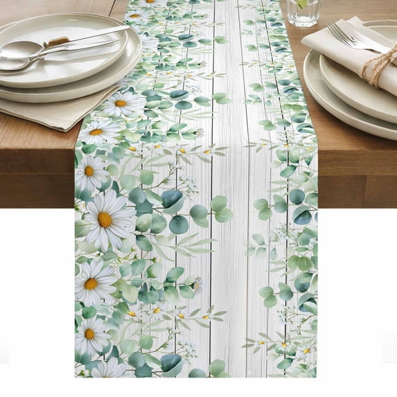 Green Eucalyptus Leaves Table Runner - 120 Inch Long, Kitchen Dining Table Runner Dresser Scarves, Daisy Summer Botanical Wooden Farmhouse Decor for Coffee Tables Wedding Party Banquet