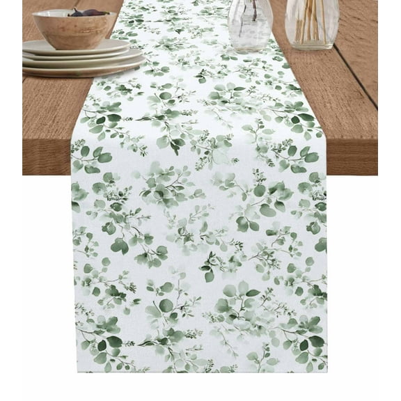 Green Eucalyptus Leaves Table Runner 48 Inches, Greenery Spring Botanical Bed Runner Dresser Scarves Tabletop for Indoor Outdoor Parties/Ceremony/Banquet, 13" x 48"