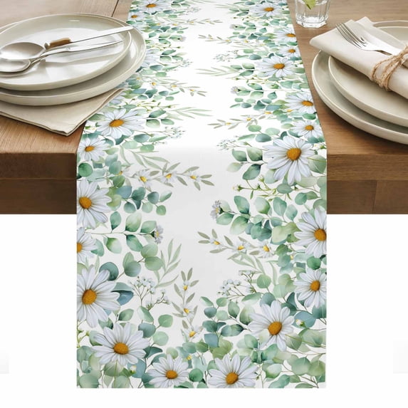 Green Eucalyptus Leaves Table Runner - 70 Inch Long, Kitchen Dining Table Runner Dresser Scarves, Summer Botanical Daisy Floral Farmhouse Decor for Coffee Tables Wedding Party Banquet