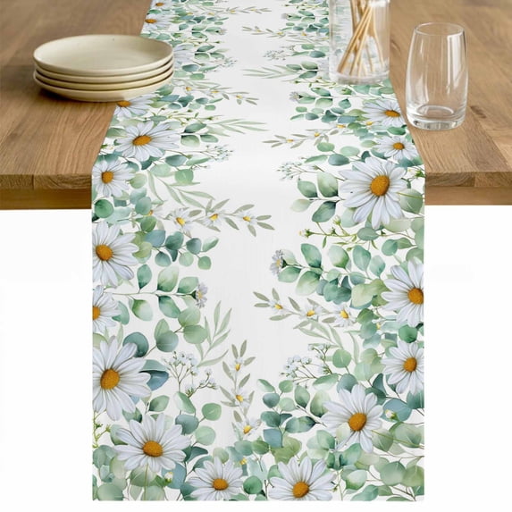 Green Eucalyptus Leaves Table Runner 70 Inches Long Farmhouse Dress Scarves, Summer Botanical Daisy Floral Dining Tablerunner for Coffee Table/Kitchen Island/Party Décor, 13" x 70"