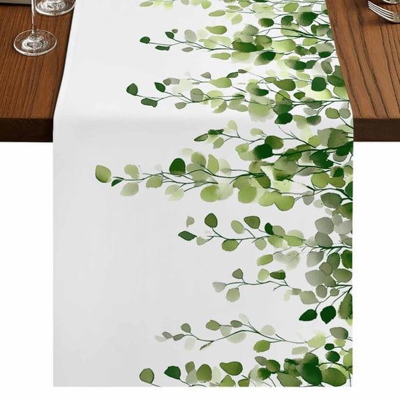 Green Eucalyptus Leaves Table Runner 72 Inches Long,Weeping Spring Botanical Summer Cotton Linen Table Runners Dresser Scarves,Decorative Tabletop Scarf Furniture Cover for Home Dinner Party 13"x72"