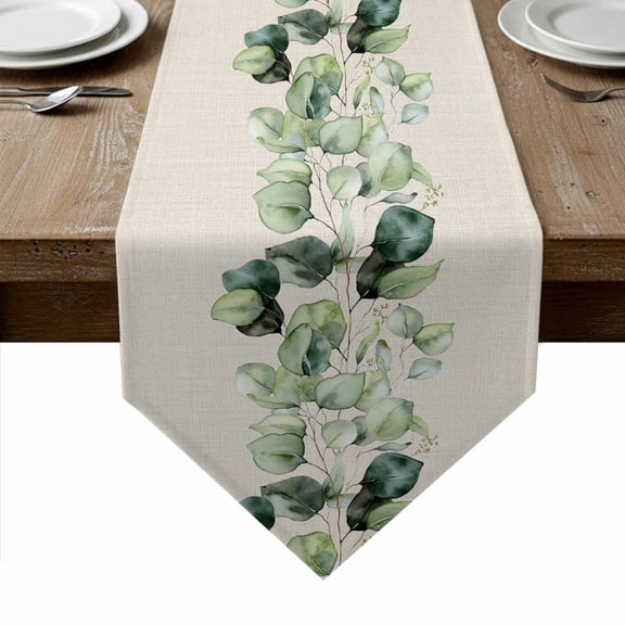 Green Eucalyptus Leaves Table Runner Linen Burlap Table Runner 36 Inches Small Farmhouse Rustic Botanical Burlap Dresser Scarves for Kitchen Island Coffee Dining Room Party Holiday Decoration 13"x36"