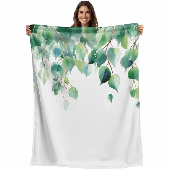 Green Eucalyptus Leaves Throw Blankets, Watercolor Botanical Tree Branch Soft Fleece Blanket Decorative for Home Sofa Couch Chair Living Bedroom, 50x60 inches,