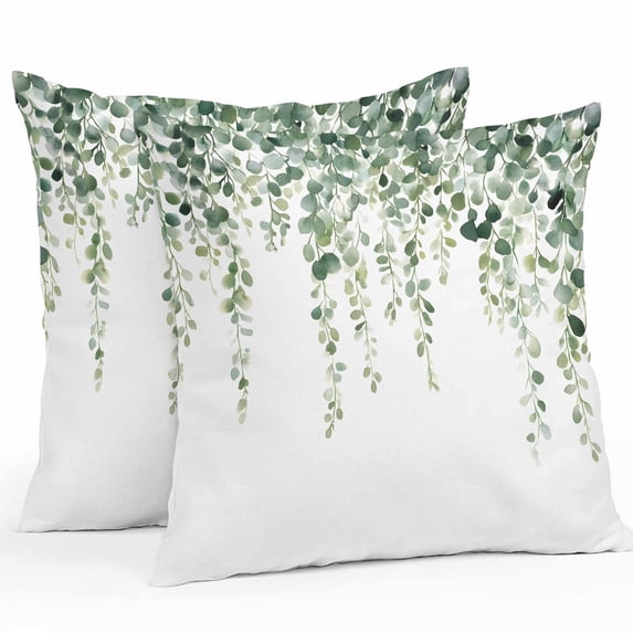 Green Eucalyptus Leaves Throw Pillow Covers 18x18 Inch Set of 2, Spring Pastoral Rustic Botanical Waterproof Outdoor Pillow Covers, Decorative Cushion Pillowcases for Couch, Sofa, Bed, Garden, Patio