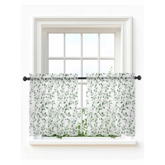 Green Eucalyptus Leaves Tier Curtains 24 Inch Length,Sheer Curtains for Bedroom Living Room Window Summer Botanical Watercolor Retro Kitchen Curtains Small Half Window Drapes 27.5"x24" 2 Panels
