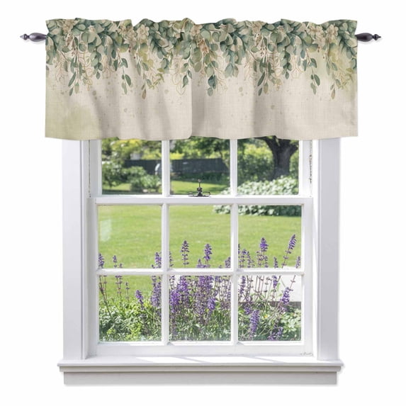 Green Eucalyptus Leaves Valance Curtain for Windows Flower Vintage Linen Texture Rod Pocket Curtain Valances Short Window Treatments Panels for Kitchen Bathroom Laundry Room Basement 42 x 12 Inch