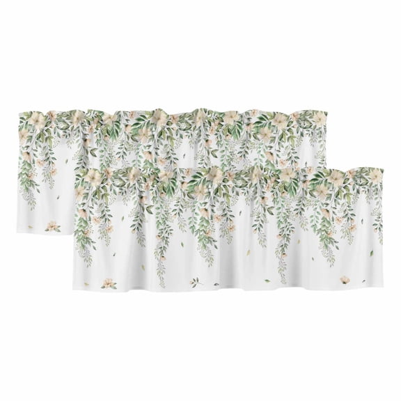 Green Eucalyptus Leaves Valances for Windows, Decorative Rod Pocket Window Valance Curtains, Spring Floral Weeping Farmhouse Short Curtain Drapes for Kitchen/Living Room, 2 Panels, 42" W x 12" L