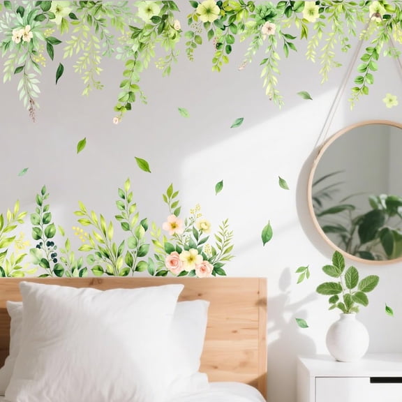 Green Eucalyptus Leaves Wall Decals Flowers Wall Stickers Plants Walls Art Murals Peel and Stick Adhesive Sticker Vinyl Art Decor for DIY Bedroom Living Room Office Decoration 37.7x11.8in