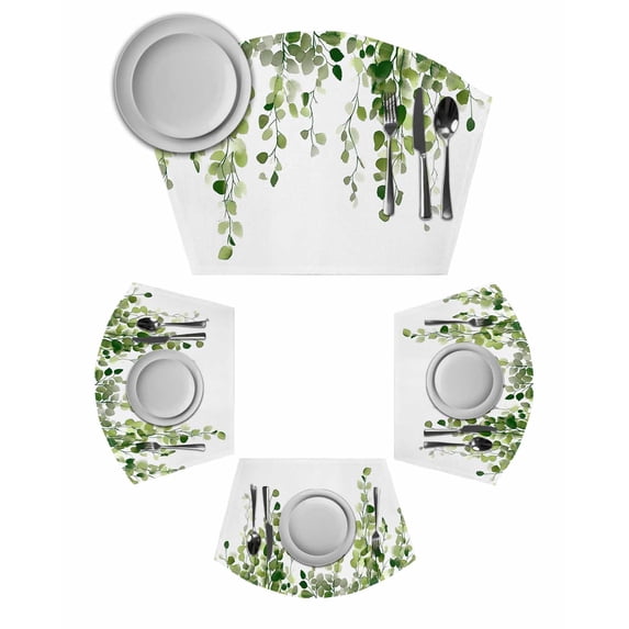 Green Eucalyptus Leaves Wedge Shaped Placemats Set of 2, Cotton Linen Fan Place Mats, Weeping Spring Botanical Summer Washable Table Mats for Holiday Wedding Party Dinning Coffee Tables 11.8"x17.5"