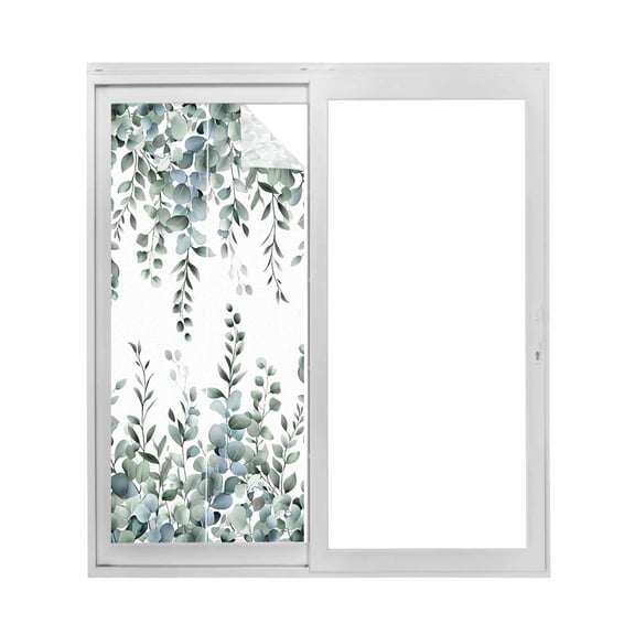 Green Eucalyptus Leaves Window Privacy Film, Summer Botanical Watercolor Static Cling UV Sun Blocking Tint Film Heat Control Windows Films for Bedroom Bathroom, Window Stickers 29.5"x78.7"