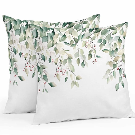 Green Eucalyptus Outdoor Pillow Covers Pack of 2 Leaf Red Fruit Rustic Watercolor Botanical Waterproof Throw Pillow Covers Decorative Cushion Cases for Patio Garden Tent Balcony Couch 26x26 inch