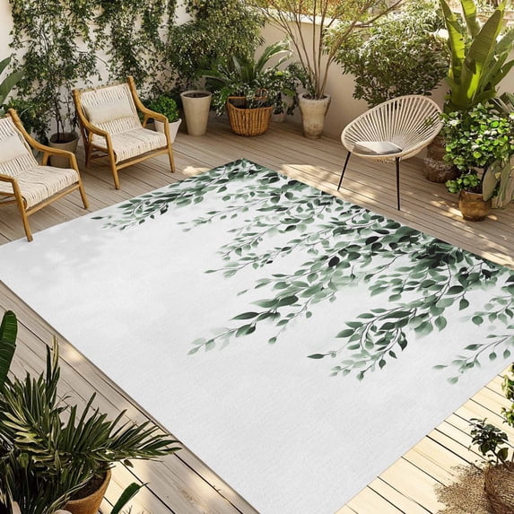 Green Eucalyptus Outdoor Rug for Patio/Deck/Porch, Non-Slip Large Area Rug 5 x 7 Ft, Weeping Botanical Leaf Watercolor Indoor Outdoor Rugs Washable Area Rugs, Reversible Camping Rug Carpet Runner