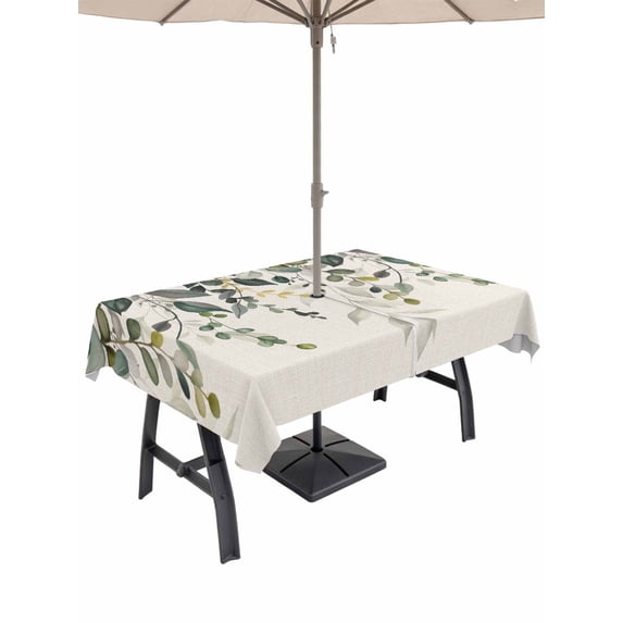 Green Eucalyptus Outdoor Tablecloth - 60x84 Inch Rectangle Dining Table Cover, Farmhouse Weeping Leaves on Linen Waterproof Outdoor Table Cloth with Umbrella Hole & Zipper for Picnic/Patio/Party