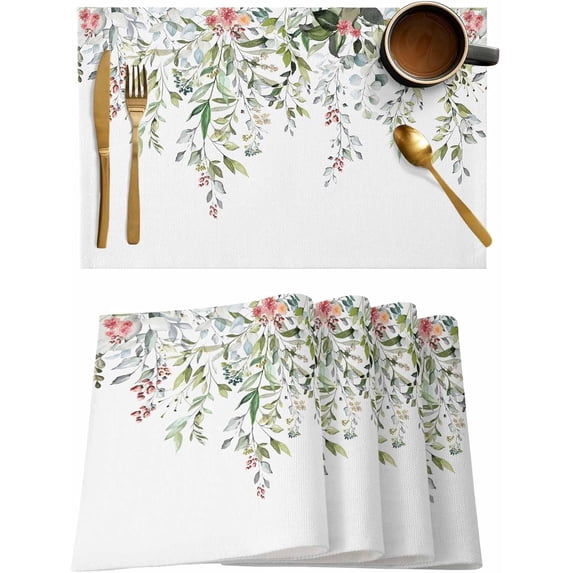 Green Eucalyptus Placemats Set of 6 Washable Flower Leaves Heat Resistant Non-Slip Linen Place Mats Kitchen Dining Table Floral Decor for Durable Table Mats - Sage Green (13"x 19")