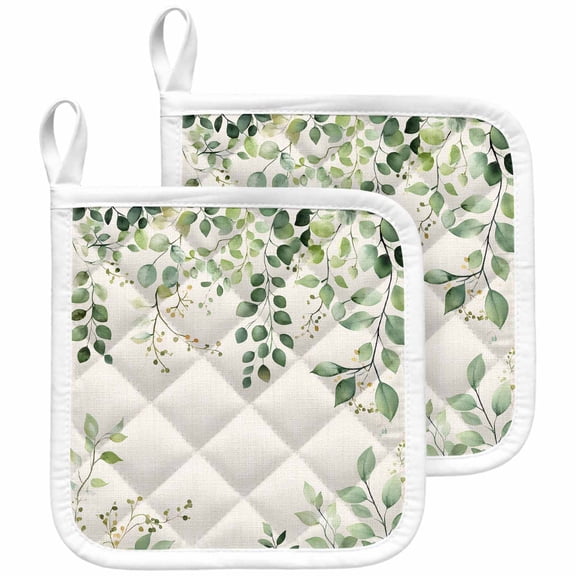 Green Eucalyptus Pot Holders for Kitchen Heatproof Potholder, 2 Pack Vintage Leaves Flower Spring Summer Hot Pads Multipurpose Oven Pads Cloth Potholders Trivet for Cooking and Baking