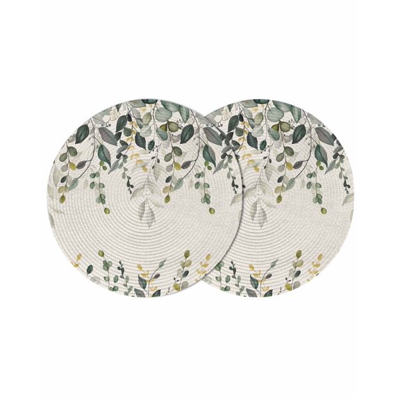Green Eucalyptus Round 13 Inch Placemats Set of 2, Farmhouse Weeping Leaves on Linen HeatResistant Non Slip Place Mats for Dining Table, Wipeable Braided Kitchen Table Mats for Housewarming