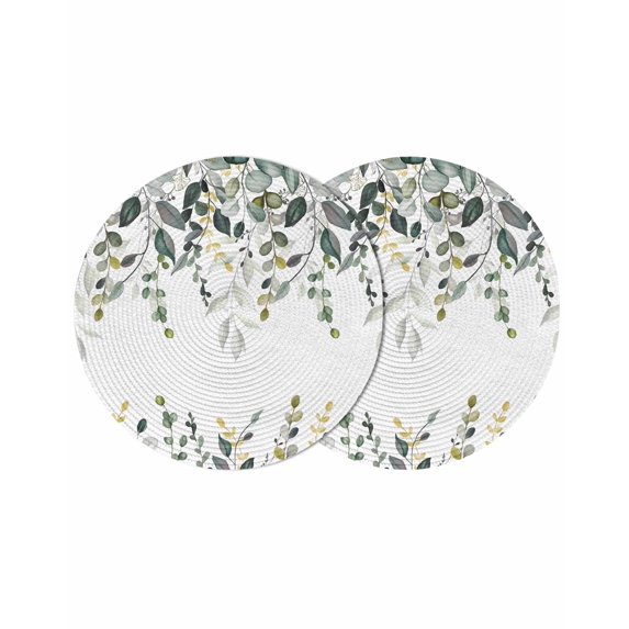 Green Eucalyptus Round 13 Inch Placemats Set of 2, Watercolor Spring Weeping Botanical HeatResistant Non Slip Place Mats for Dining Table, Wipeable Braided Kitchen Table Mats for Housewarming