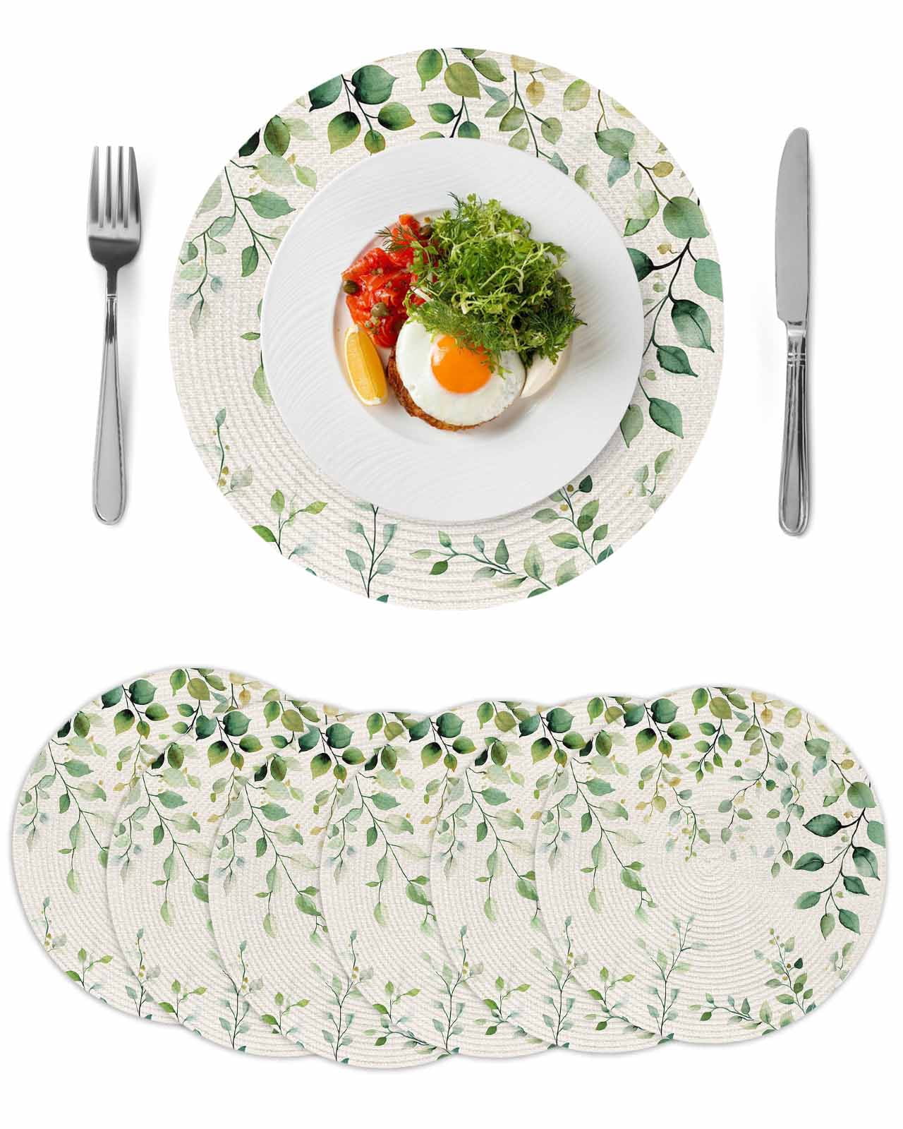 Green Eucalyptus Round 13 Inch Placemats Set of 6, Country Nature Leaf ...