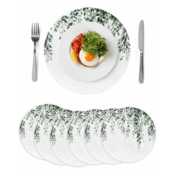 Green Eucalyptus Round 13 Inch Placemats Set of 6, Weeping Botanical Leaf Watercolor HeatResistant Non Slip Place Mats for Dining Table, Wipeable Braided Kitchen Table Mats for Housewarming