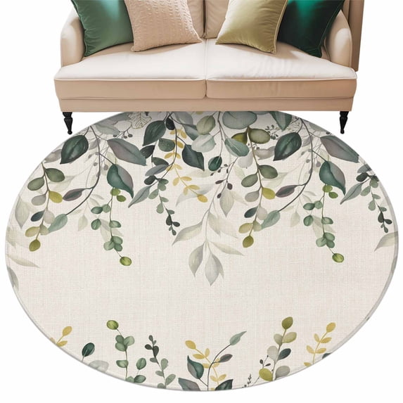 Green Eucalyptus Round Area Rugs Collection 7', Farmhouse Weeping Leaves on Linen Non Slip Indoor Circular Throw Runner Rug Floor Mat Carpet for Living Room Dining Table Bedroom Nursery