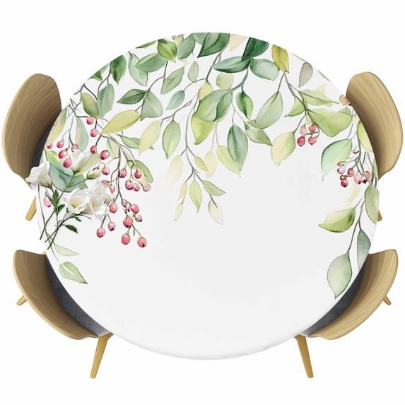 Green Eucalyptus Round Fitted Table Cover Leaves Watercolor Leaf Red Fruit Botanical Waterproof Table Cloth with Elastic Edge Wipeable Tablecloth for Picnic Camping Party Fits 36"-44" Diameter