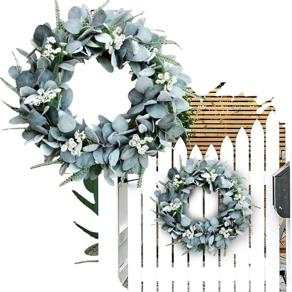 Green Eucalyptus Round Wreath Artificial Farmhouse Wreath for Door Wall Window Decor, 16Inch/PC