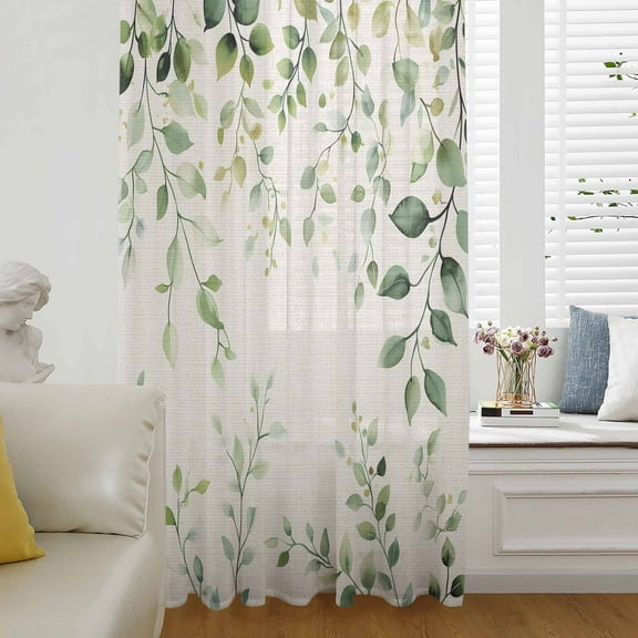 Green Eucalyptus Semi Sheer Curtains Drapes for Living Room, Bedroom, French Doors Window 96 Inches Long, Country Nature Leaf Succulent Plant Rod Pocket Chiffon Curtain Drapery Voile Draperies Panel
