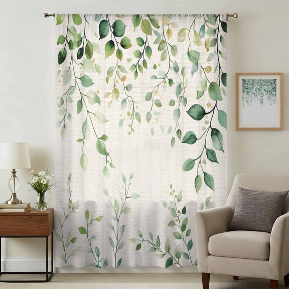 Green Eucalyptus Sheer Curtains 45 Inches Long, Country Nature Leaf Succulent Plant Light Filering Curtains, Breathable Simi Curtain Privacy Drapes for Kitchen Bathroom Small Window Treatment