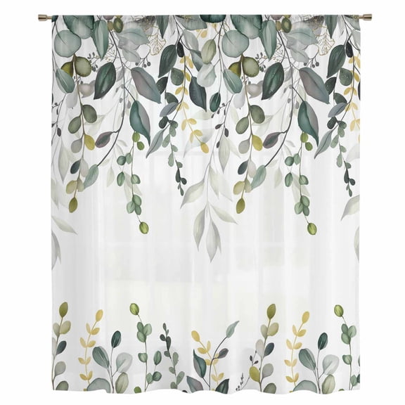 Green Eucalyptus Sheer Curtains 45 Inches Long, Watercolor Spring Weeping Botanical Light Filering Curtains, Breathable Simi Curtain Privacy Drapes for Kitchen Bathroom Small Window Treatment