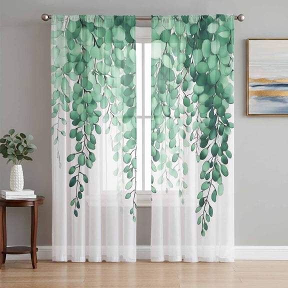 Green Eucalyptus Sheer Curtains 63 Inch Length 2 Panels Set, Summer Leaves Pastoral Plants Chic Voile Window Treatment Rod Pocket Curtains Sheers Drapes for Bedroom/Living Room/Kitchen 52x"63"x2