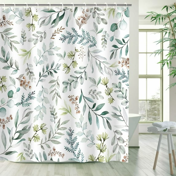 Green Eucalyptus Shower Curtain, Leaves Shower Curtain, Botanical Nature Plant Shower Curtain, Spring Sage Green Leaves Shower Curtain Set with 12 Hooks, 72Wx72H