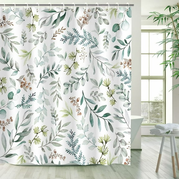 Green Eucalyptus Shower Curtain, Leaves Shower Curtain, Botanical Nature Plant Shower Curtain, Spring Sage Green Leaves Shower Curtain Set with 12 Hooks, 72Wx72H