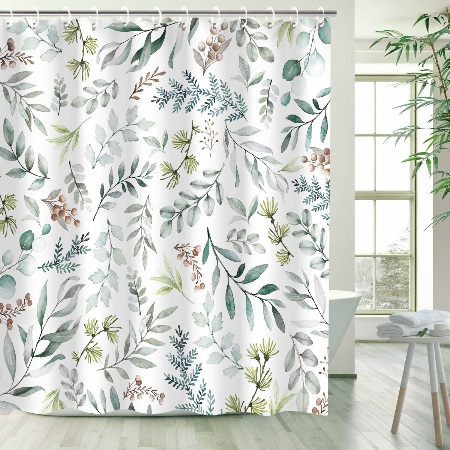 Green Eucalyptus Shower Curtain, Leaves Shower Curtain, Botanical Nature Plant Shower Curtain, Spring Sage Green Leaves Shower Curtain Set with 12 Hooks, 72Wx84H