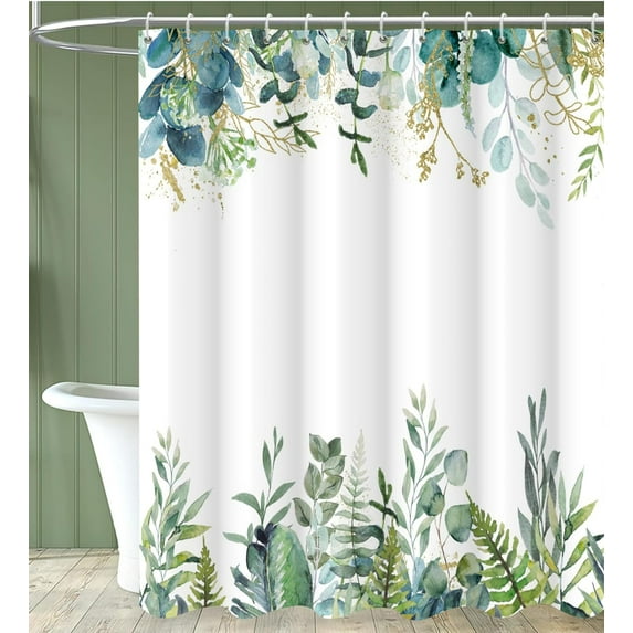 Green Eucalyptus Shower Curtain, Plant Leaf Herbs Spring Nature Waterproof Fabric Machine Washable with Hooks for Bathroom Bathtub Decor 72Wx84H