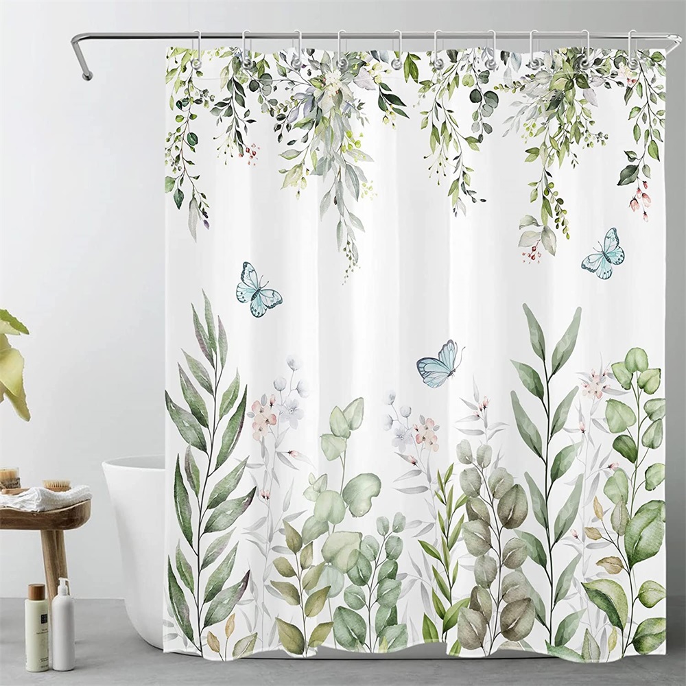 Sage Green Eucalyptus Shower Curtain, Watercolor Plant Leaf With Pink