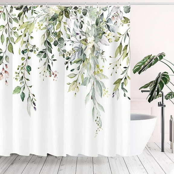 Green Eucalyptus Shower Curtain, Watercolor Leaves on The Top Plant with Floral Bathroom Decoration Shower Curtain Sets 72x72 Inch with Hooks
