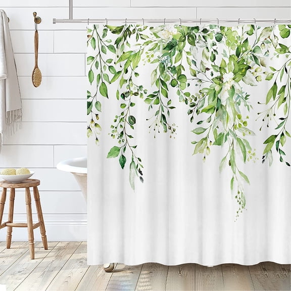 Green Eucalyptus Shower Curtain, Watercolor Leaves on The Top Plant with Floral Bathroom Decoration Shower Curtain Sets 72x72 Inch with Hooks