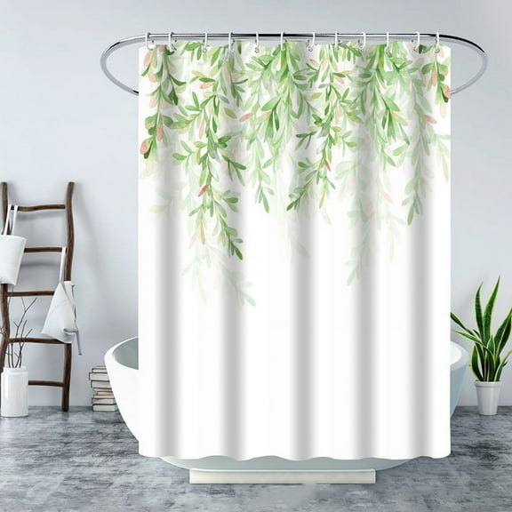 Green Eucalyptus Shower Curtain, Watercolor Plant Leaves with Floral Shower Curtain Sets, Bathroom Decor Waterproof Fabric Shower Curtain, 72x72 Inch with Hooks