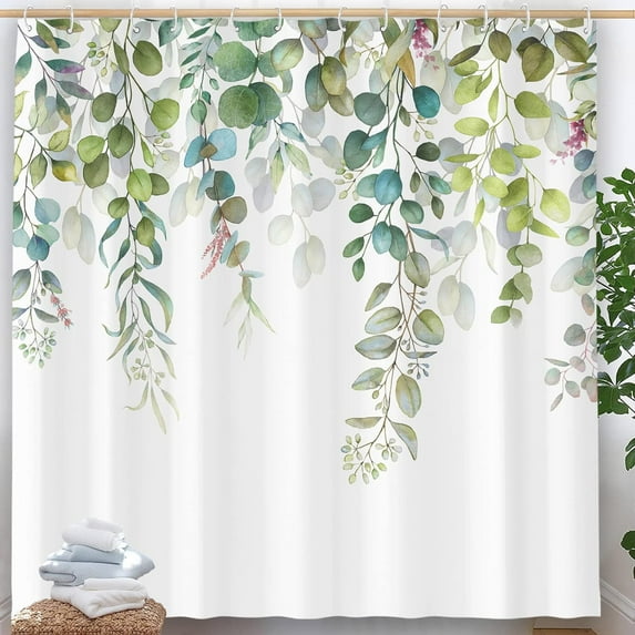 Green Eucalyptus Shower Curtain Watercolor Teal Plant Leaf Bathroom Shower Curtains Waterproof Fabric Botanical Flower Floral Bath Curtain with Hooks (72'''' × 72'''', Green)