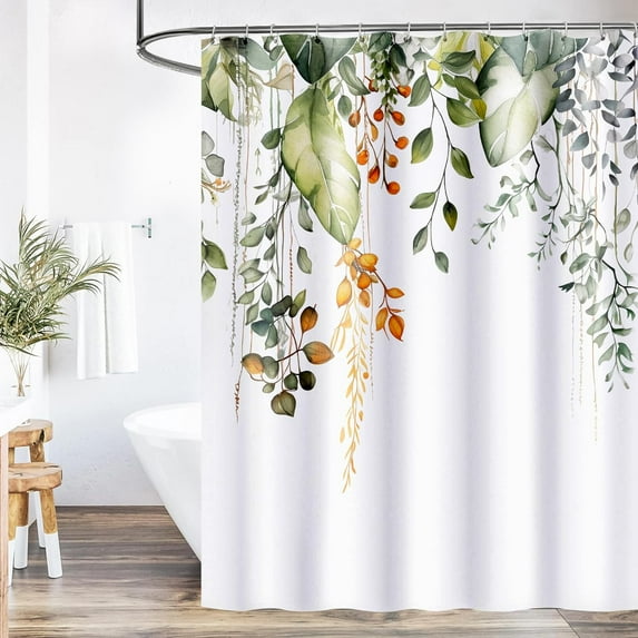 Green Eucalyptus Shower Curtains for Bathroom Watercolor Natural Plant Flower Leaves Shower Curtain Waterproof Fabric Bathroom Decoration Shower Curtain with Hooks 72x72 inch