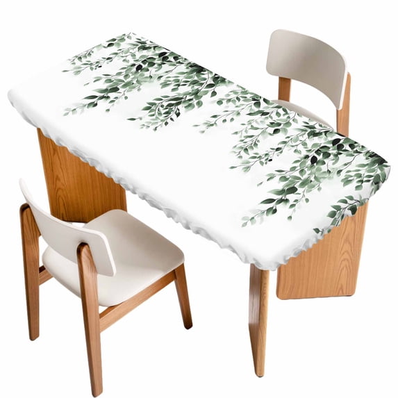 Green Eucalyptus Table Cloths for 4 Foot Rectangle Tables, Weeping Botanical Leaf Watercolor Patio Waterproof Elastic Fitted Tablecloths, Washable Rectangular Table Cover for Camping