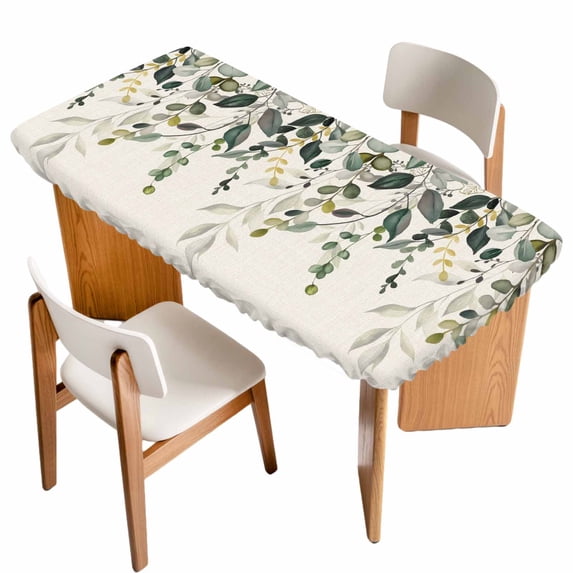 Green Eucalyptus Table Cloths for 6 Foot Rectangle Tables, Farmhouse Weeping Leaves on Linen Patio Waterproof Elastic Fitted Tablecloths, Washable Rectangular Table Cover for Camping