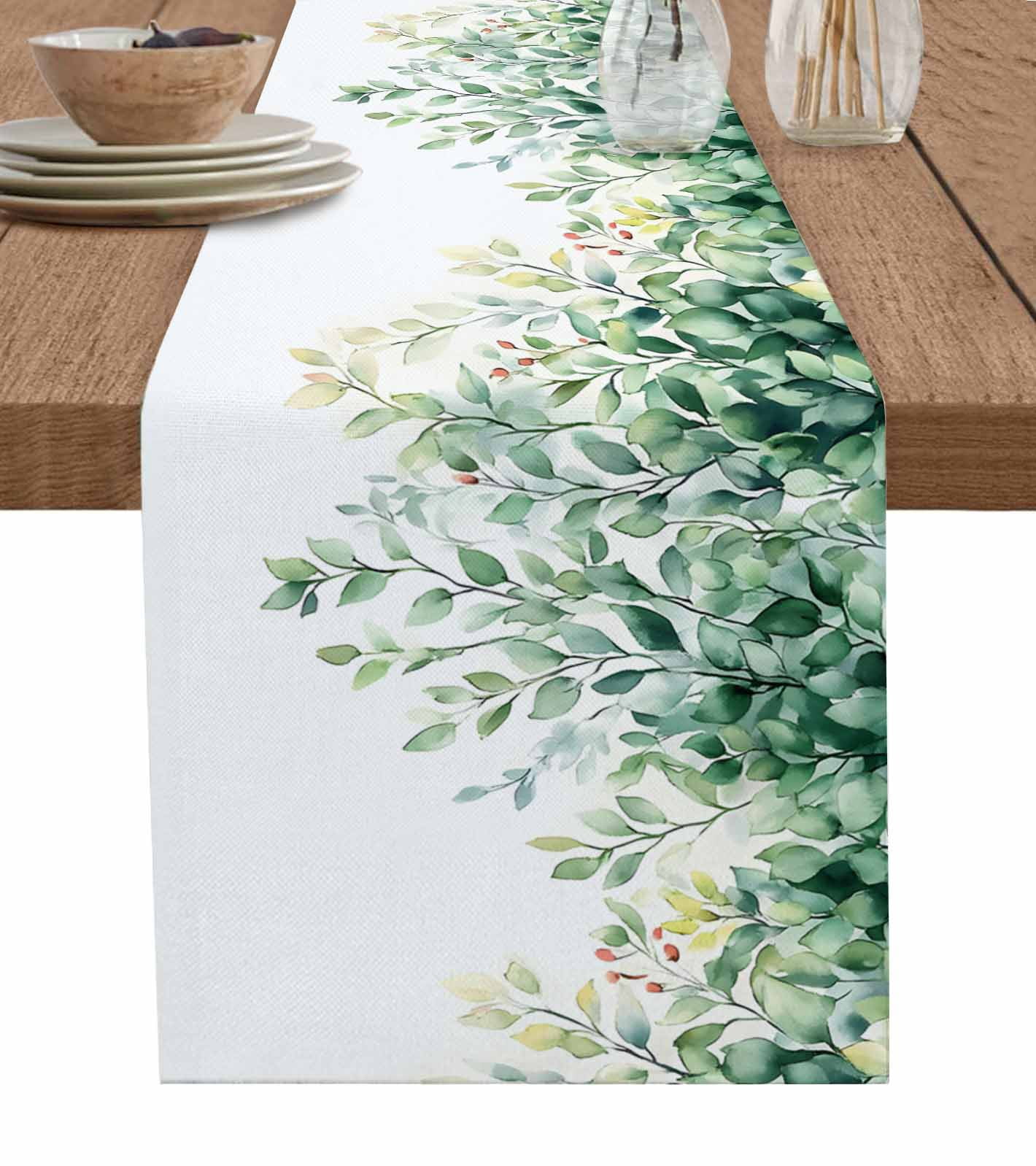 Spring Table Runner 108 Green Eucalyptus Table Runner 108 Inches, Fruit Leaves Branch Botanical ...