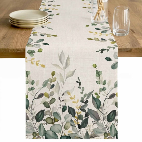 Green Eucalyptus Table Runner - 60 Inch Long Farmhouse Weeping Leaves on Linen Cotton and Linen Blended Dress Scarves Farmhouse Table Runner for Kitchen Dining, Coffee Table, 13" x 60"