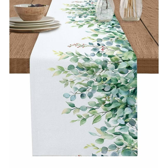 Green Eucalyptus Table Runner 90 Inches, Watercolor Spring Botanical Aesthetic Bed Runner Dresser Scarves Tabletop for Indoor Outdoor Parties/Ceremony/Banquet, 13" x 90"